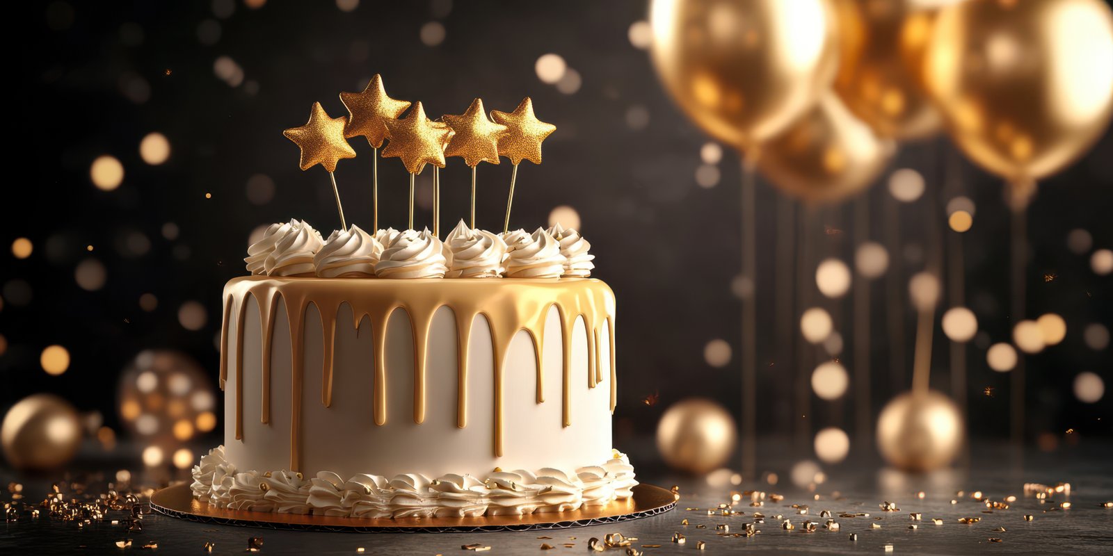 Elegant celebration cake adorned with golden stars and balloons for a festive occasion